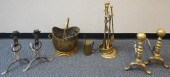 BRASS HEARTH SET, AND PAIR OF