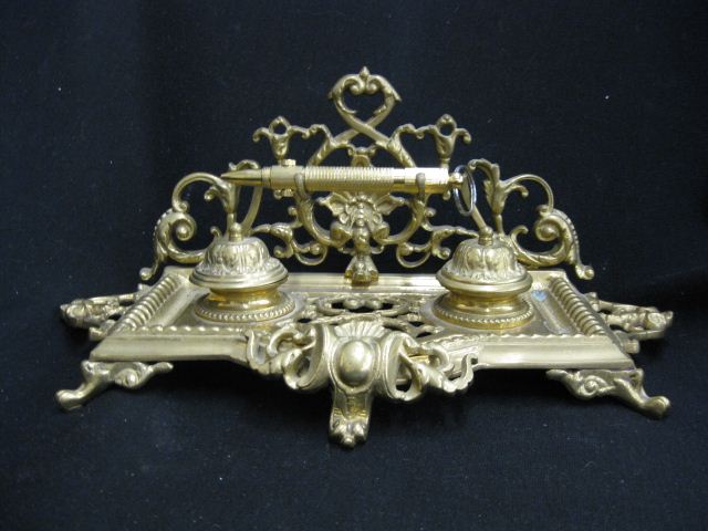 Brass Inkstand double well with pen