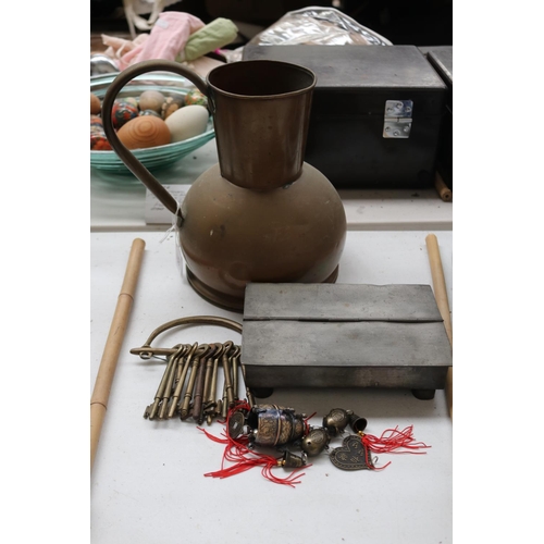 Brass jug, keys, pewter desk