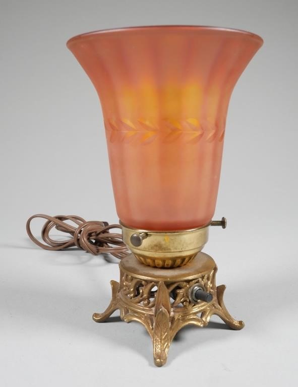 BRASS LAMP, IRIDESCENT GLASS
