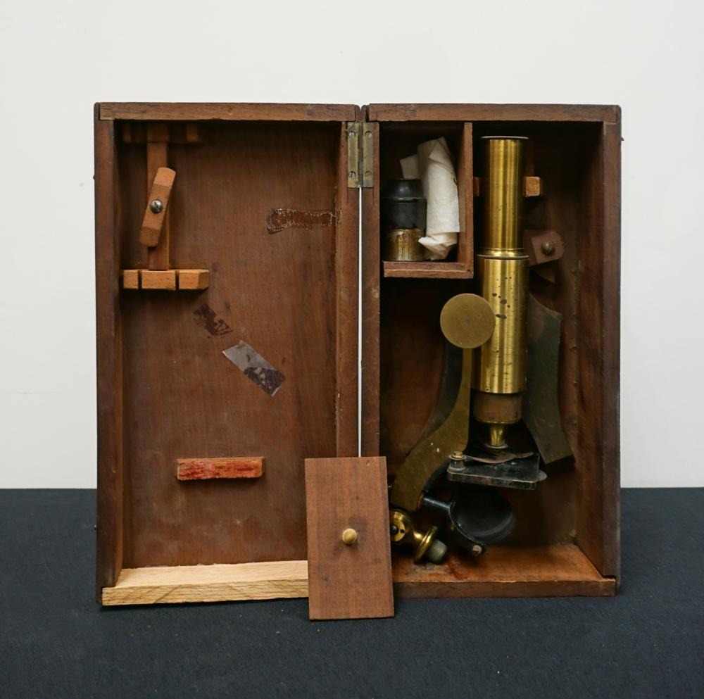 BRASS MICROSCOPE IN MAHOGANY