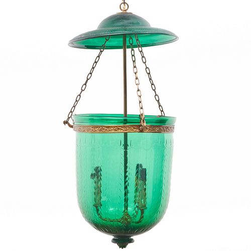 BRASS-MOUNTED ETCHED GREEN GLASS