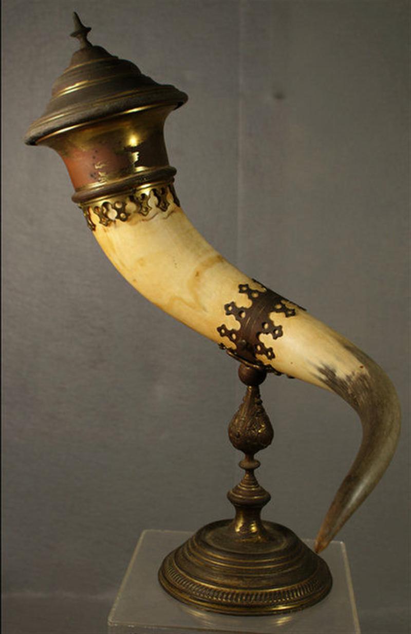 Brass mounted horn on pedestal with
