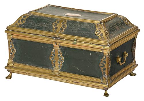 BRASS MOUNTED TIN CAMP CHEST WITH