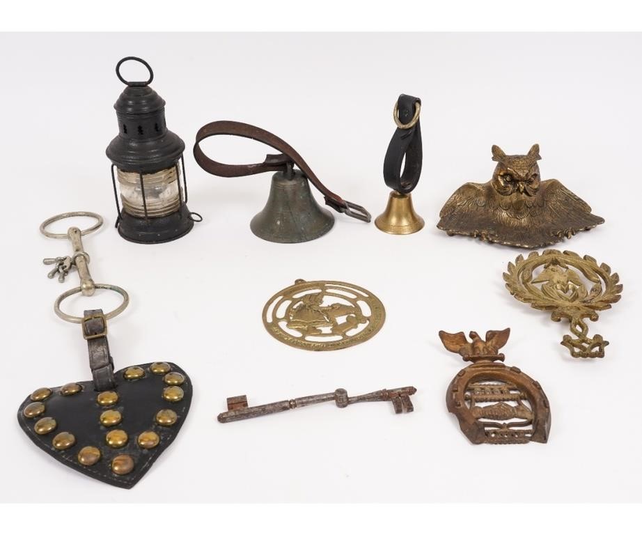 Brass owl inkstand, bells,