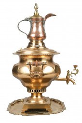 Brass samovar and tray, footed