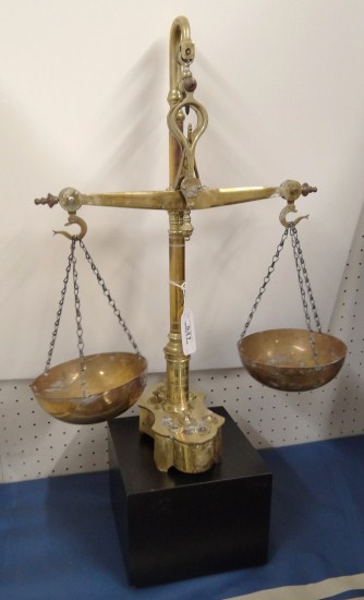 Brass scale with weights. 22'' Ht.