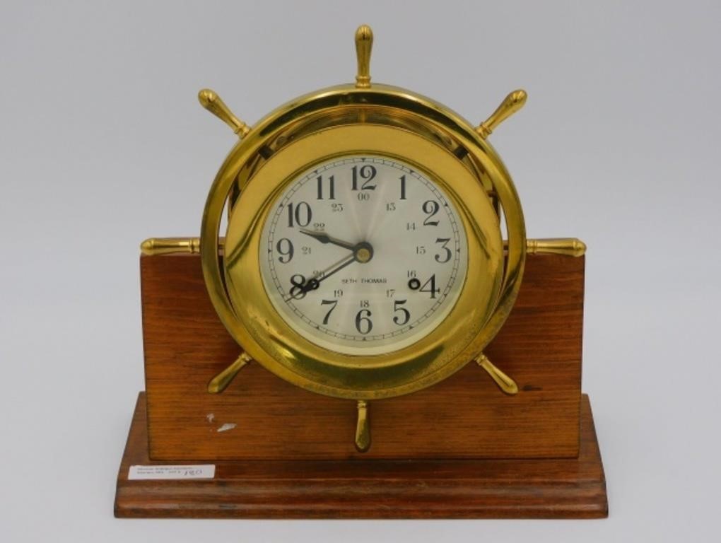 BRASS SETH THOMAS SHIP'S CLOCK ON A