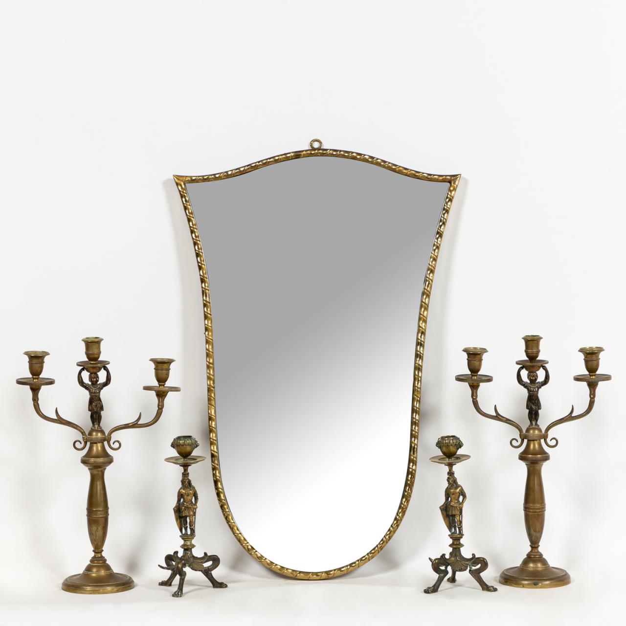 BRASS SHIELD MIRROR & FIGURAL