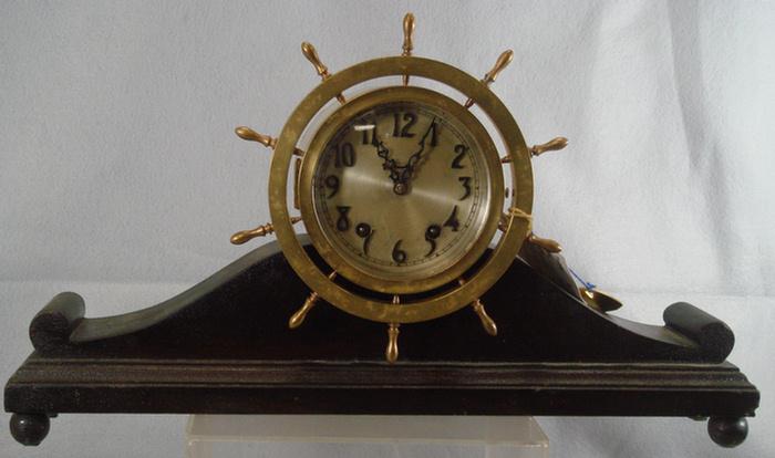 Brass ships wheel clock, 4" dial,