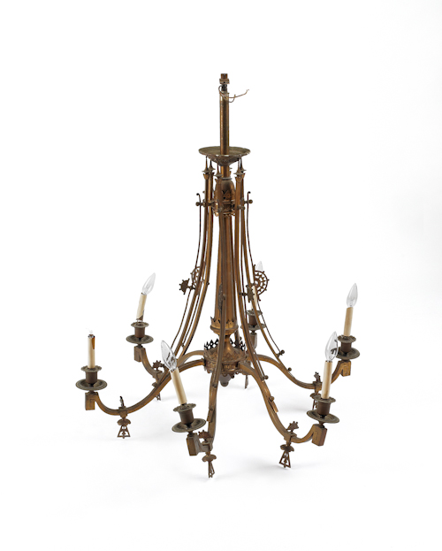 Brass six arm chandelier late