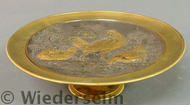 Brass tazza with relief rooster and