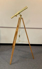BRASS TELESCOPE ON OAK TRIPOD