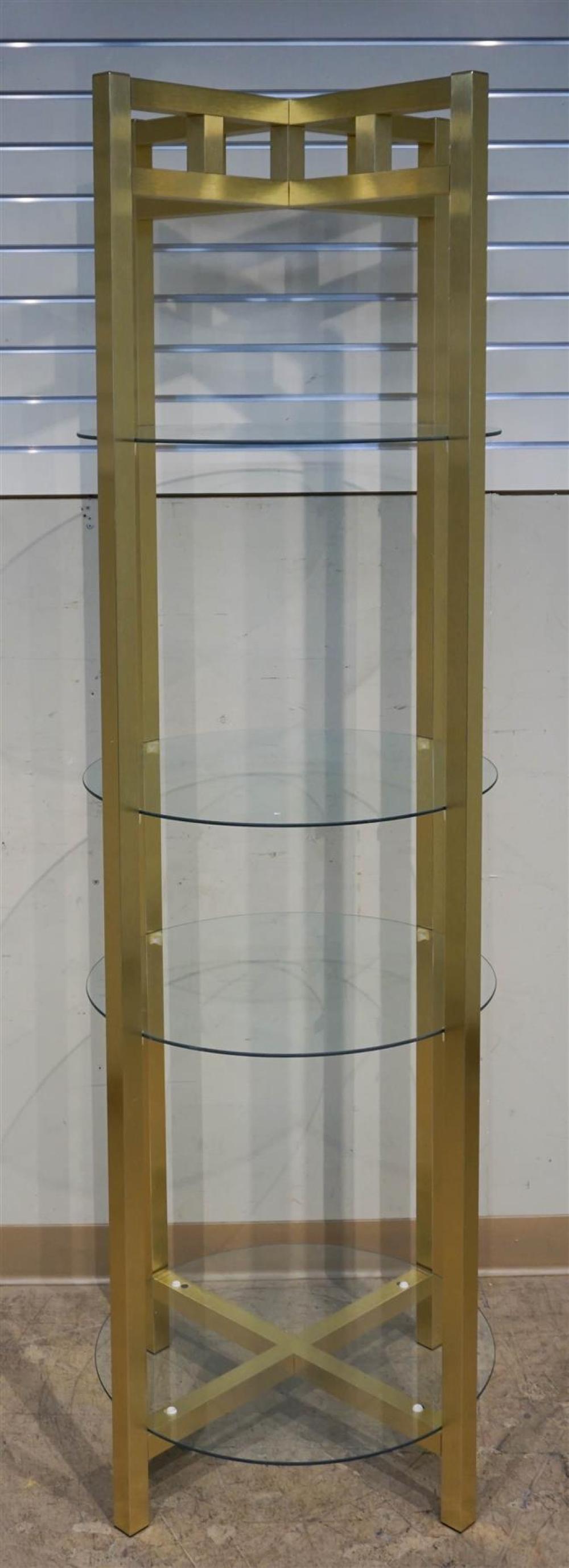 BRASS TONE AND GLASS ETAGERE,