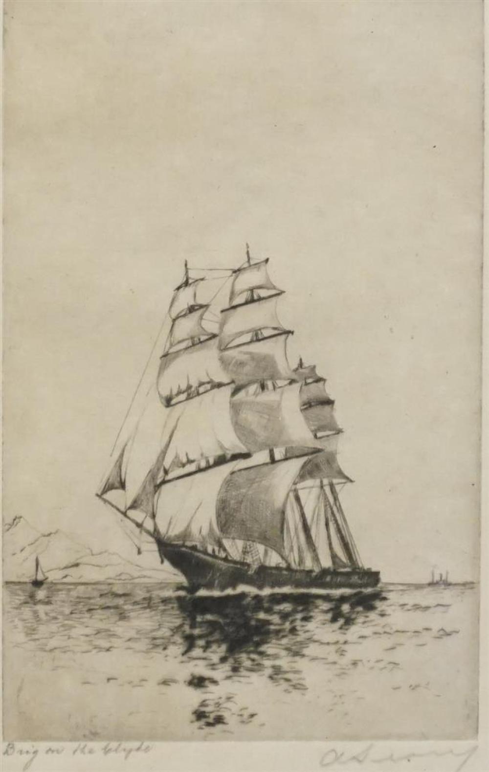 BRIG ON THE CLYDE, ETCHING, FRAMED: