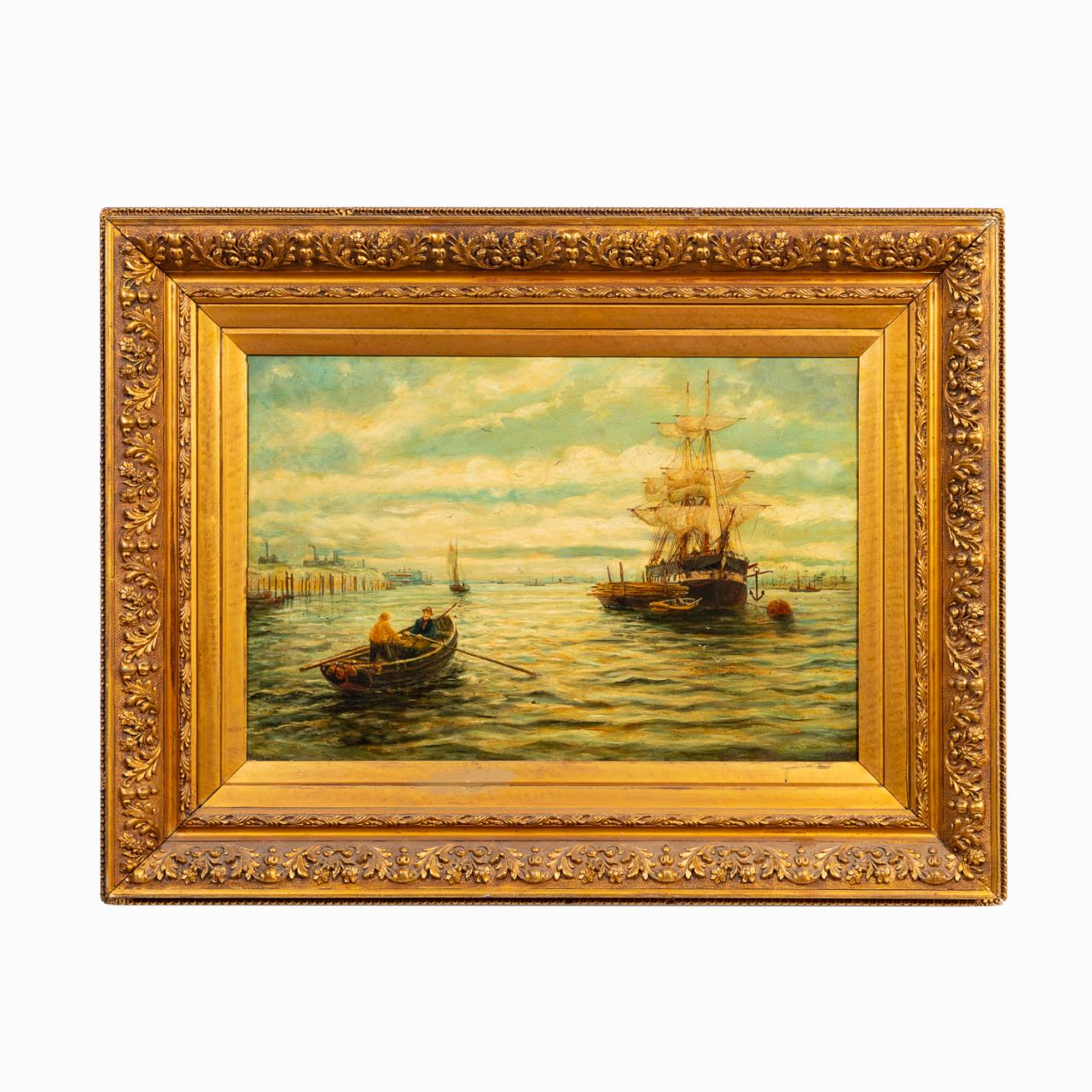 BRITISH SCHOOL, HARBOR SCENE OIL ON