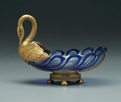 Bronze and glass swan dish,