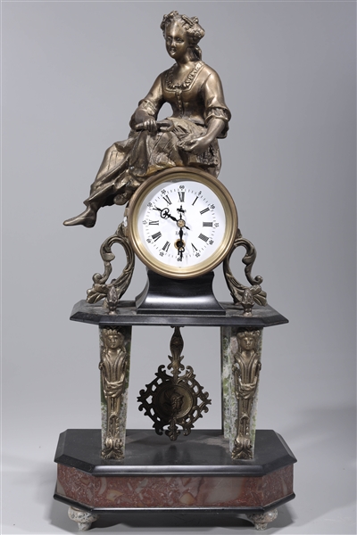 Bronze and stone mantle clock