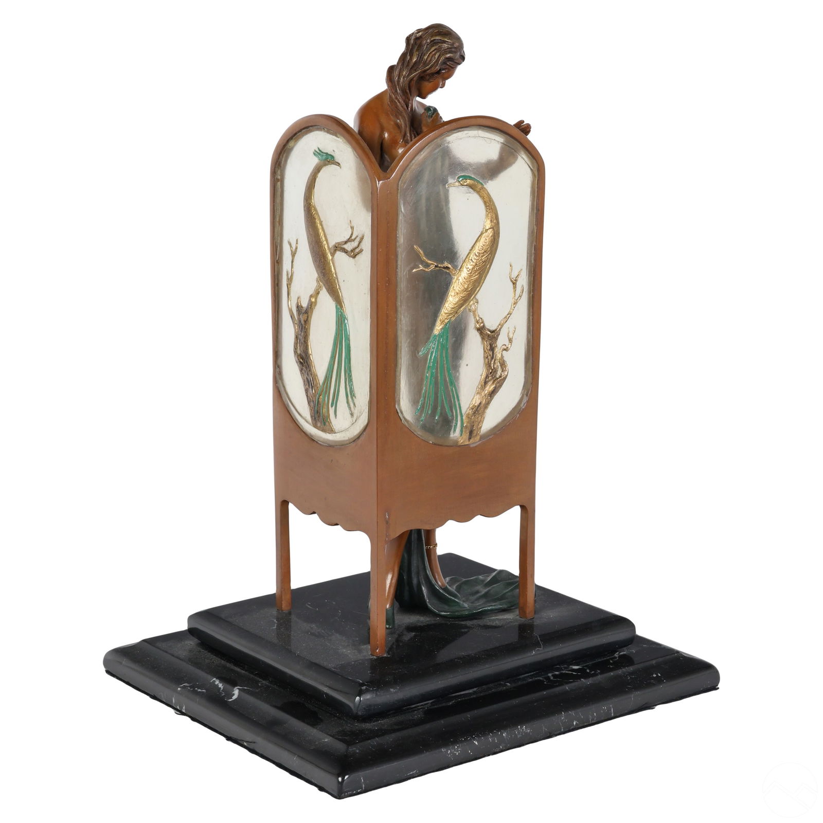 BRONZE ART DECO NUDE LADY PEACOCK