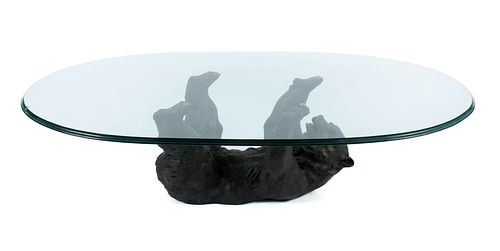 BRONZE BEAR GLASS TOP COFFEE