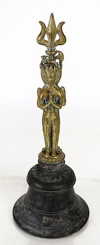 BRONZE BELL WITH BRASS DEITY