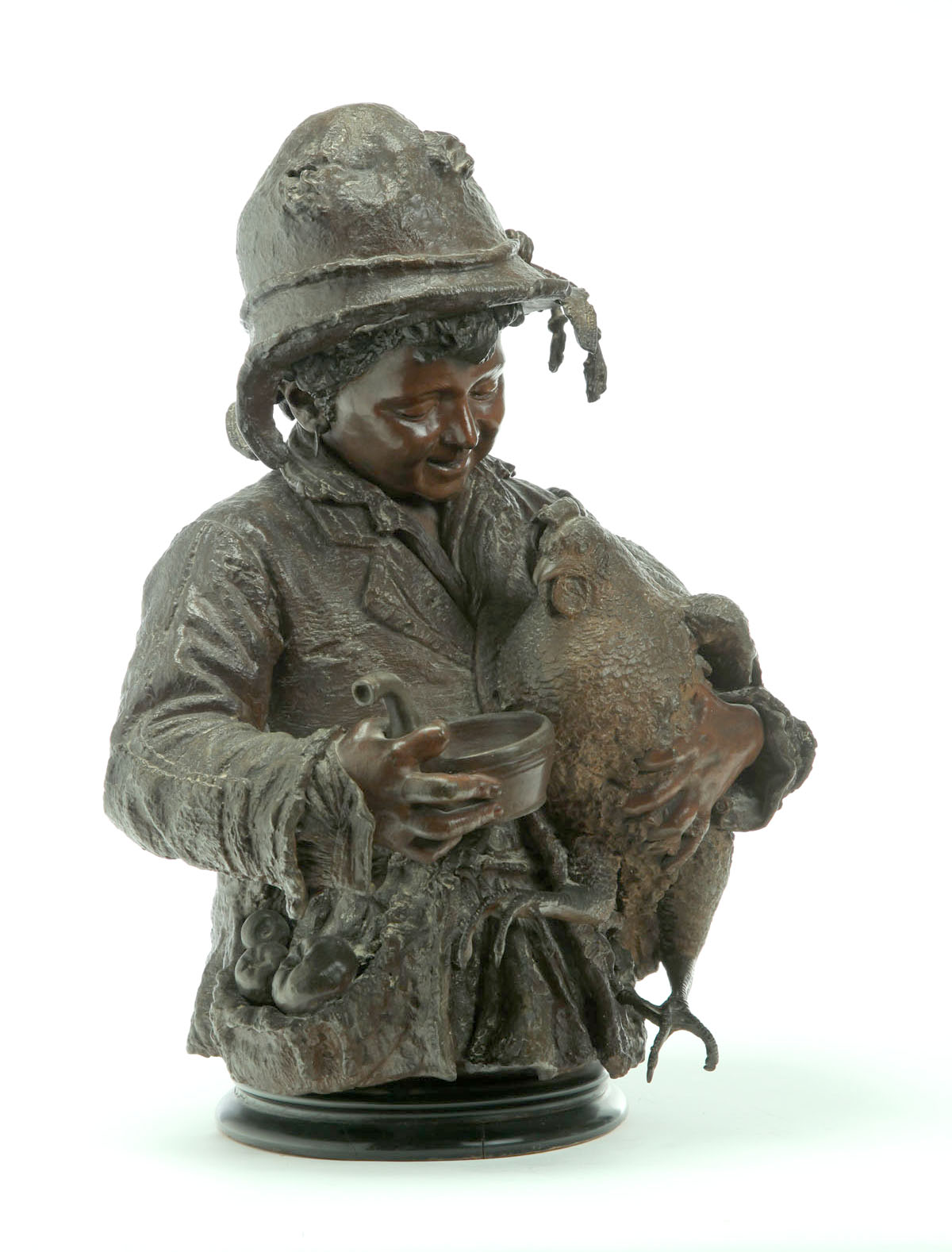 BRONZE BOY AND CHICKEN SIGNED