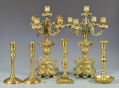 BRONZE CANDELABRA & BRASS CAND