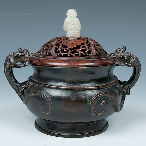 BRONZE CENSER WITH JADE HANDLE WOOD