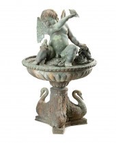 BRONZE CHERUB FOUNTAIN ON SWAN