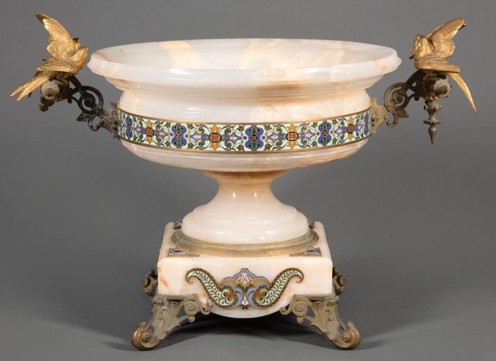 BRONZE, CLOISONNE-MOUNTED ALABASTER