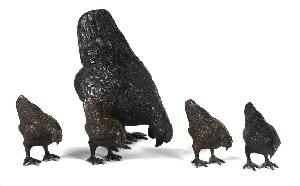BRONZE FIGURAL GROUP CHICKEN