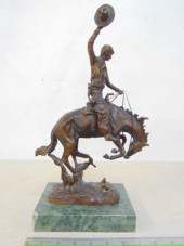 BRONZE FIGURE, COWBOY ON HORSE