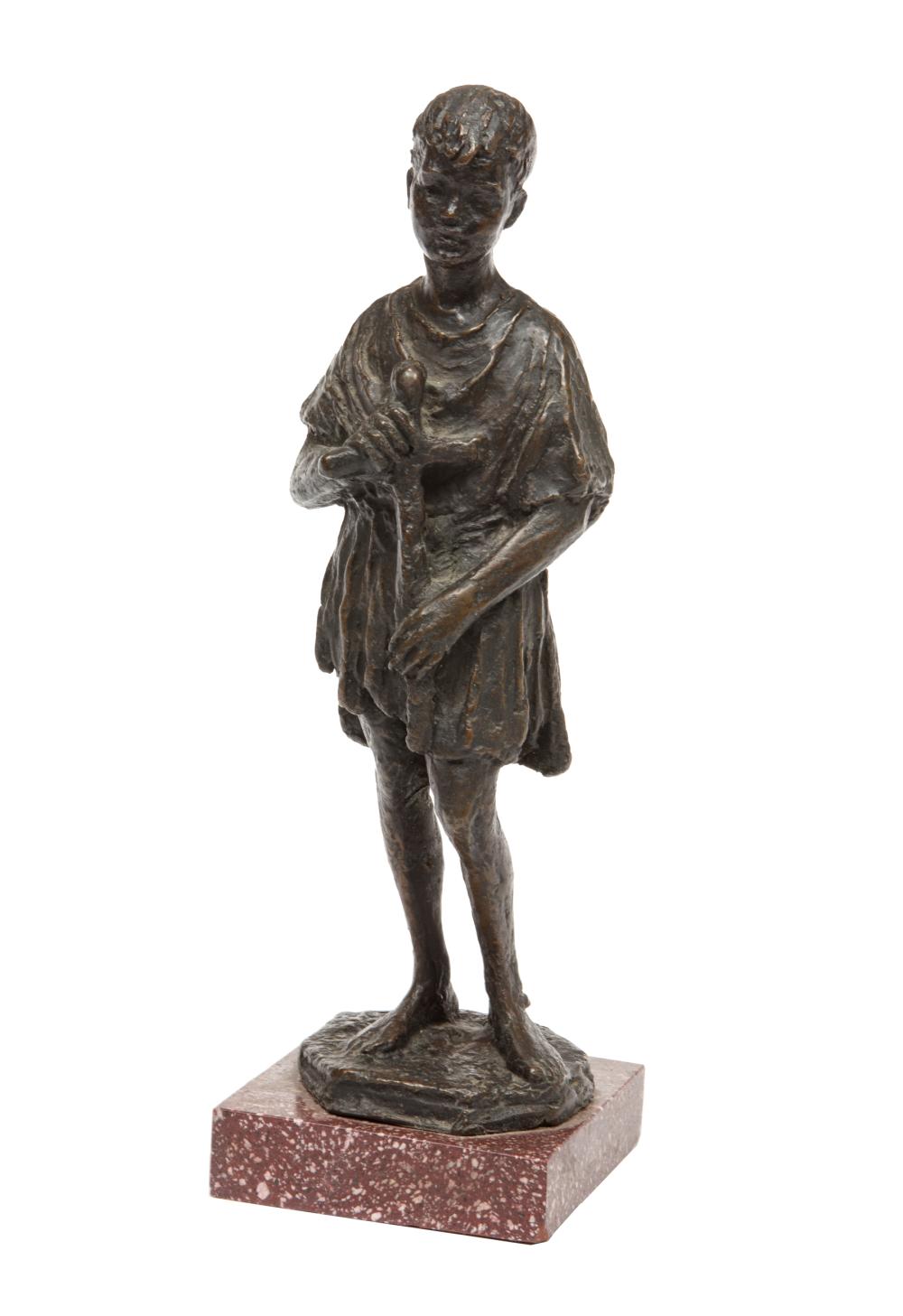 BRONZE FIGURE OF A BOY HOLDING A