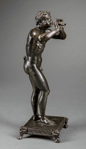 BRONZE FIGURE OF A FAUN PLAYIN
