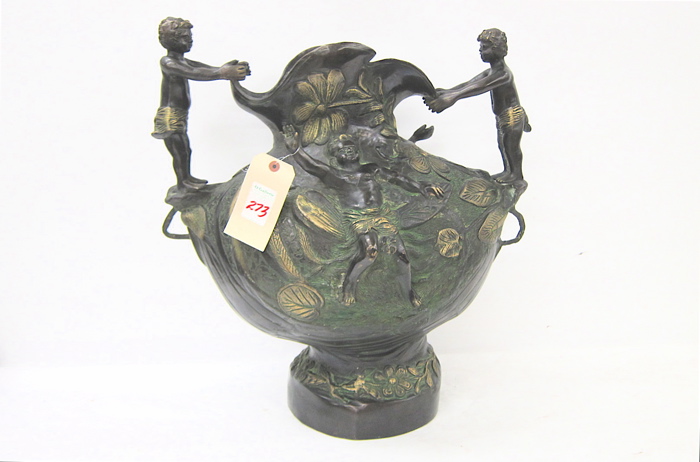 BRONZE FLOOR URN the footed ovoid