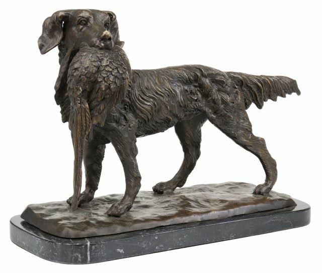 BRONZE HUNTING DOG WITH QUAIL AFTER