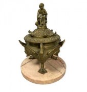 BRONZE INKWELL ON MARBLE BASEB