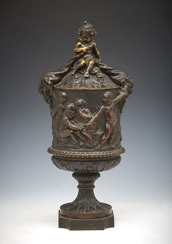 BRONZE LIDDED URN DECORATED WITH