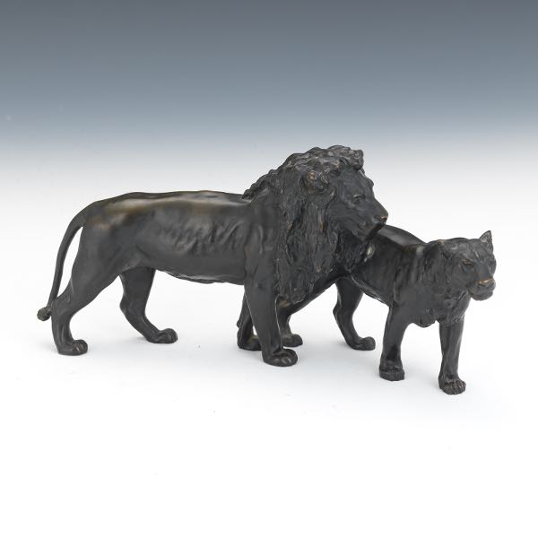 BRONZE LION AND LIONESS SCULPTURE