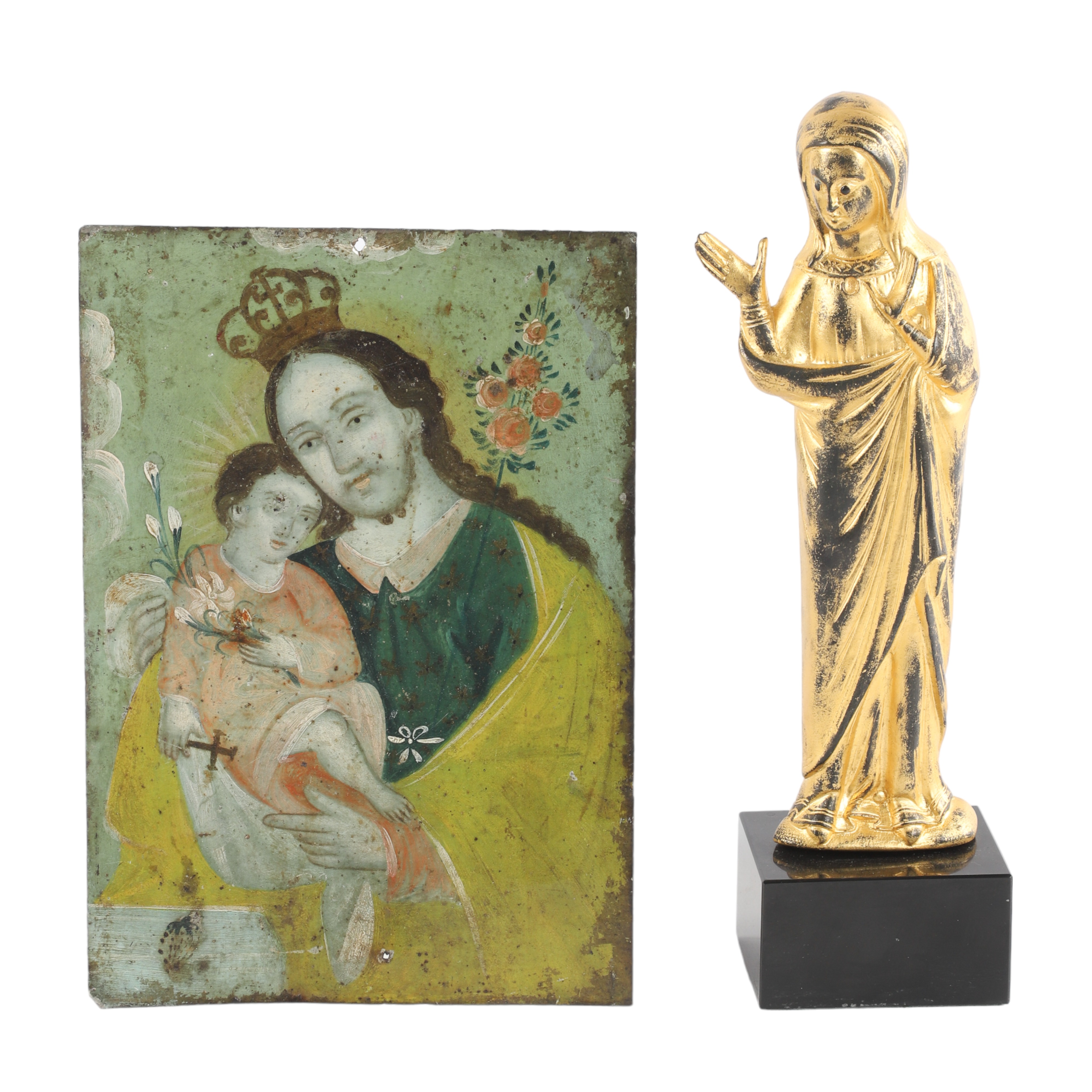 Bronze Madonna and tin painted icon