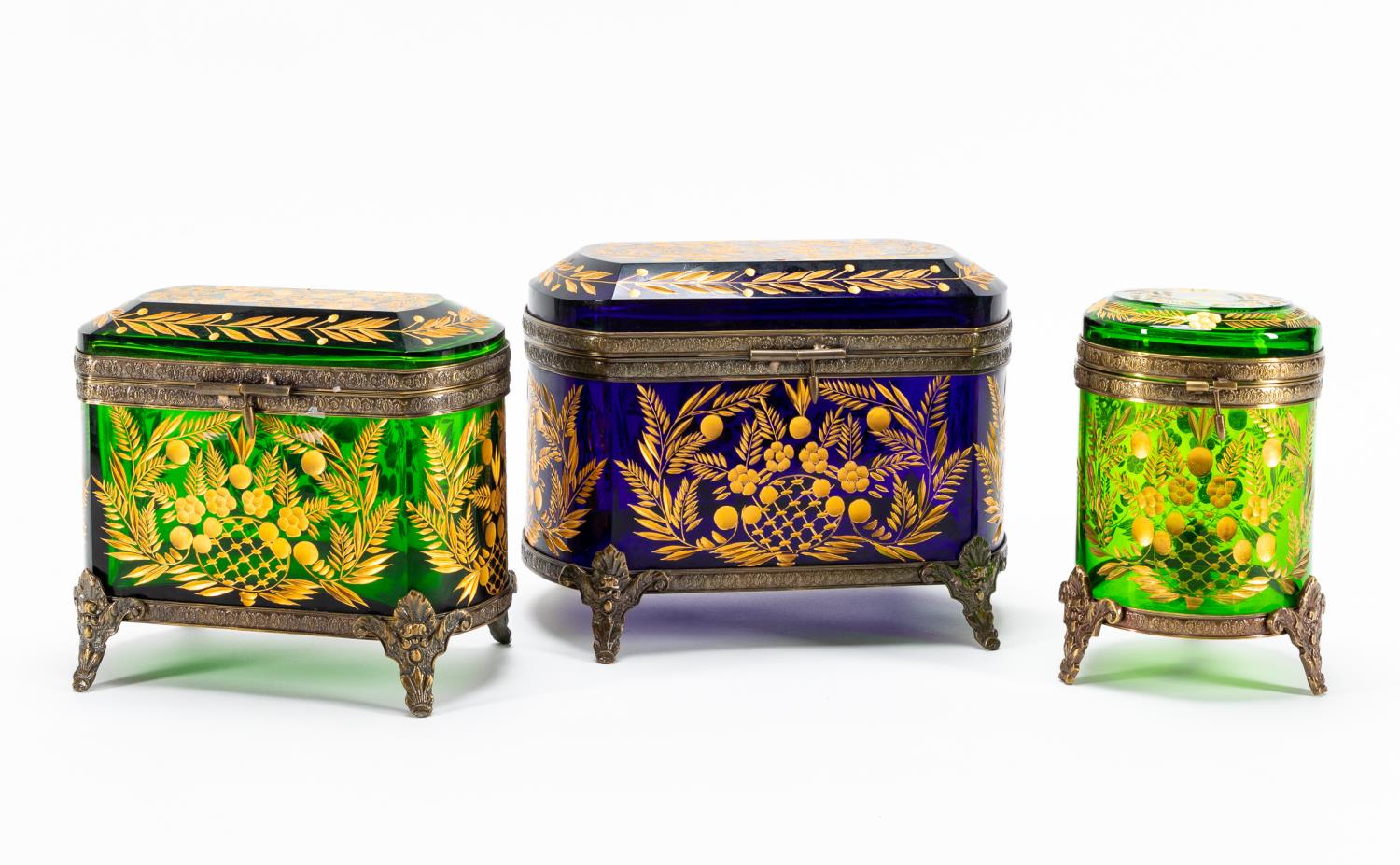BRONZE MOUNTED GILDED COLORED GLASS