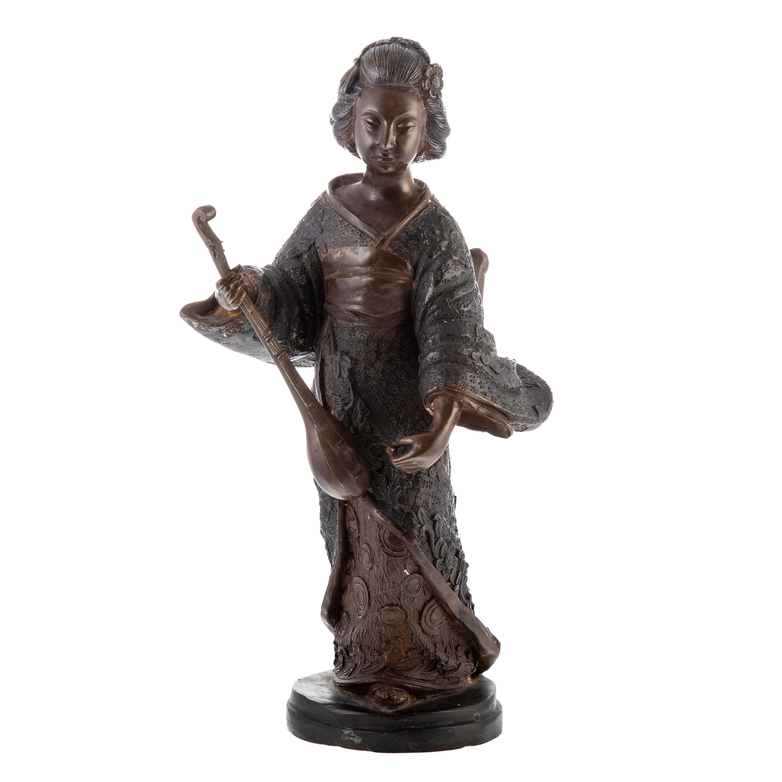BRONZE OF GEISHA WITH LUTE 17 1/2