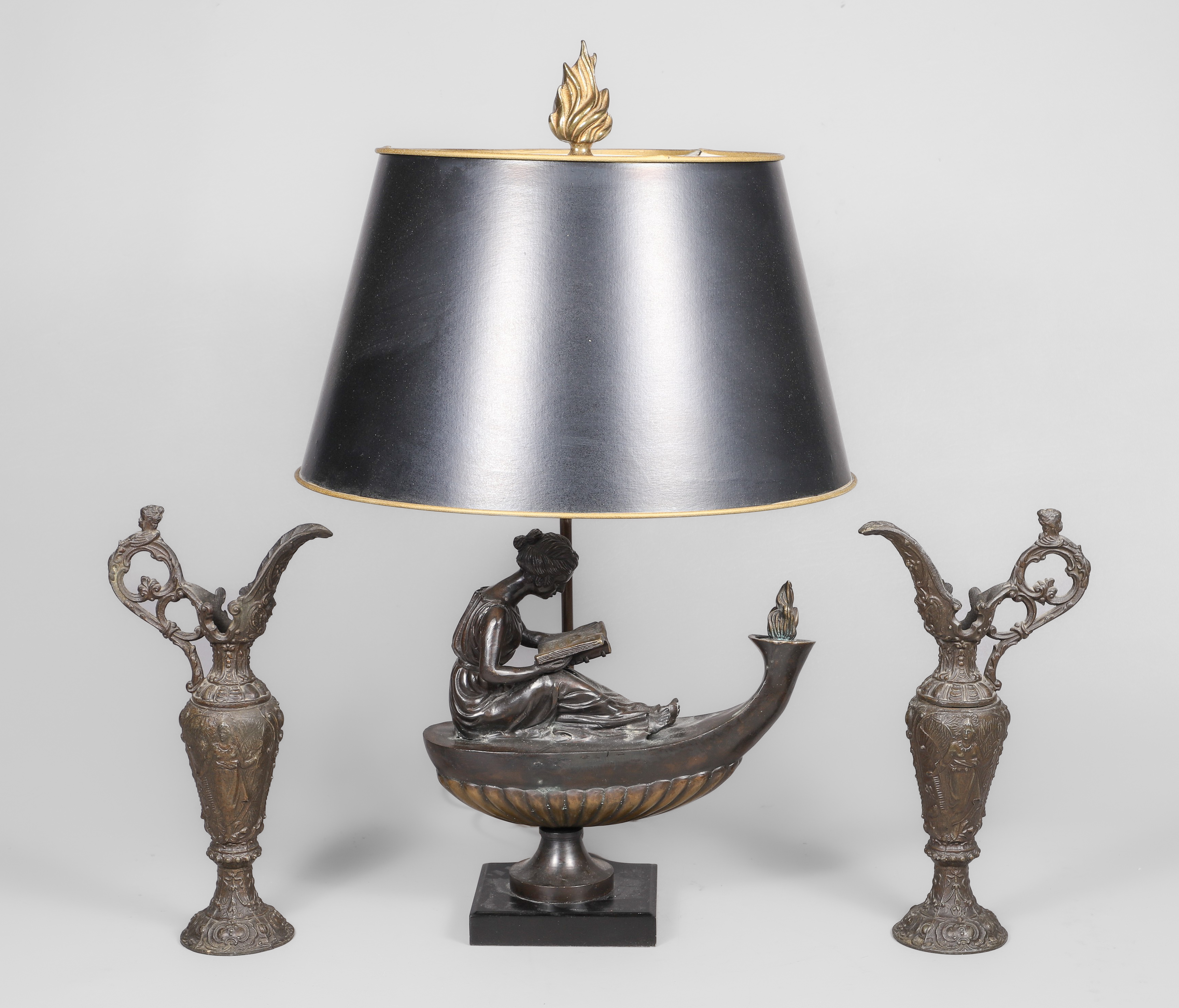 Bronze patinated lamp and ewer pair