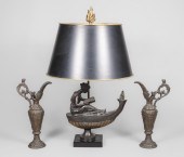 Bronze patinated lamp and ewer