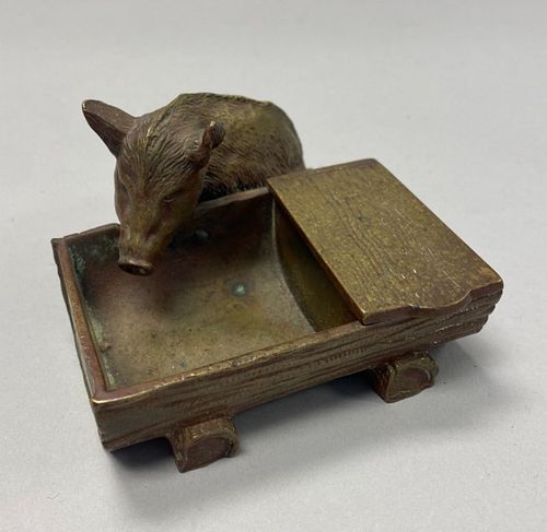 BRONZE PIG AT TROUGH ASHTRAY &