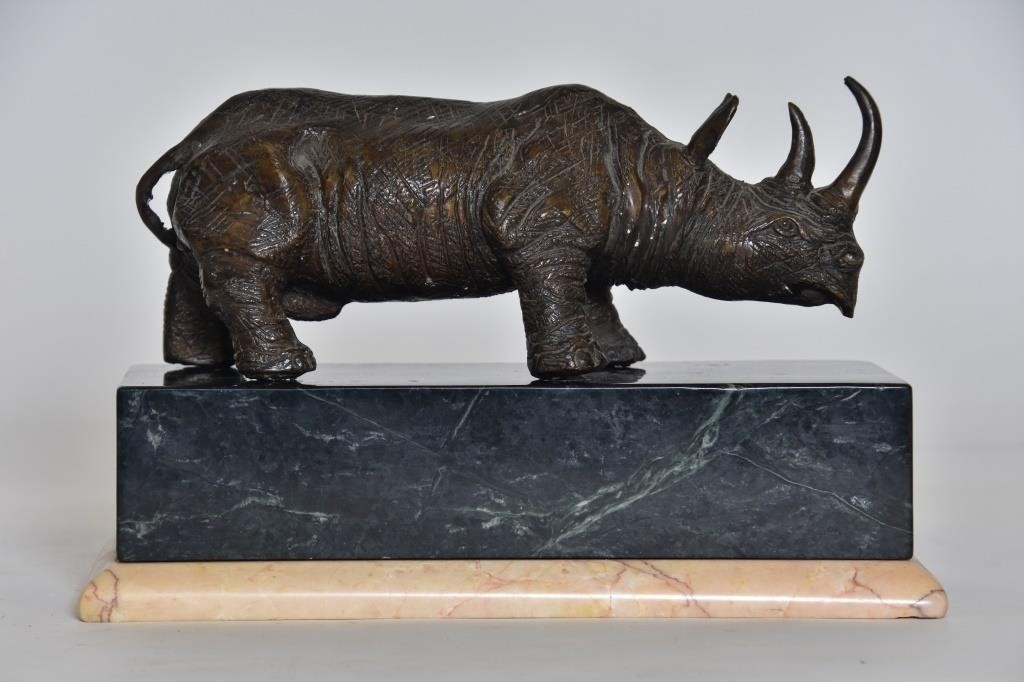Bronze rhino sculpture , 20th c.,