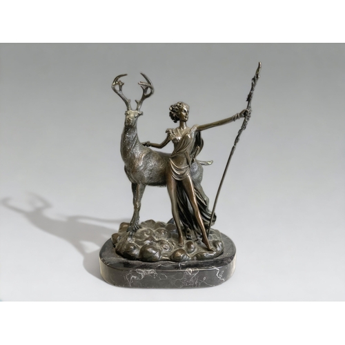 BRONZE SCULPTURE OF DIANA & STAG.
