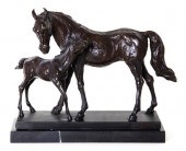 Bronze sculpture of mare and f