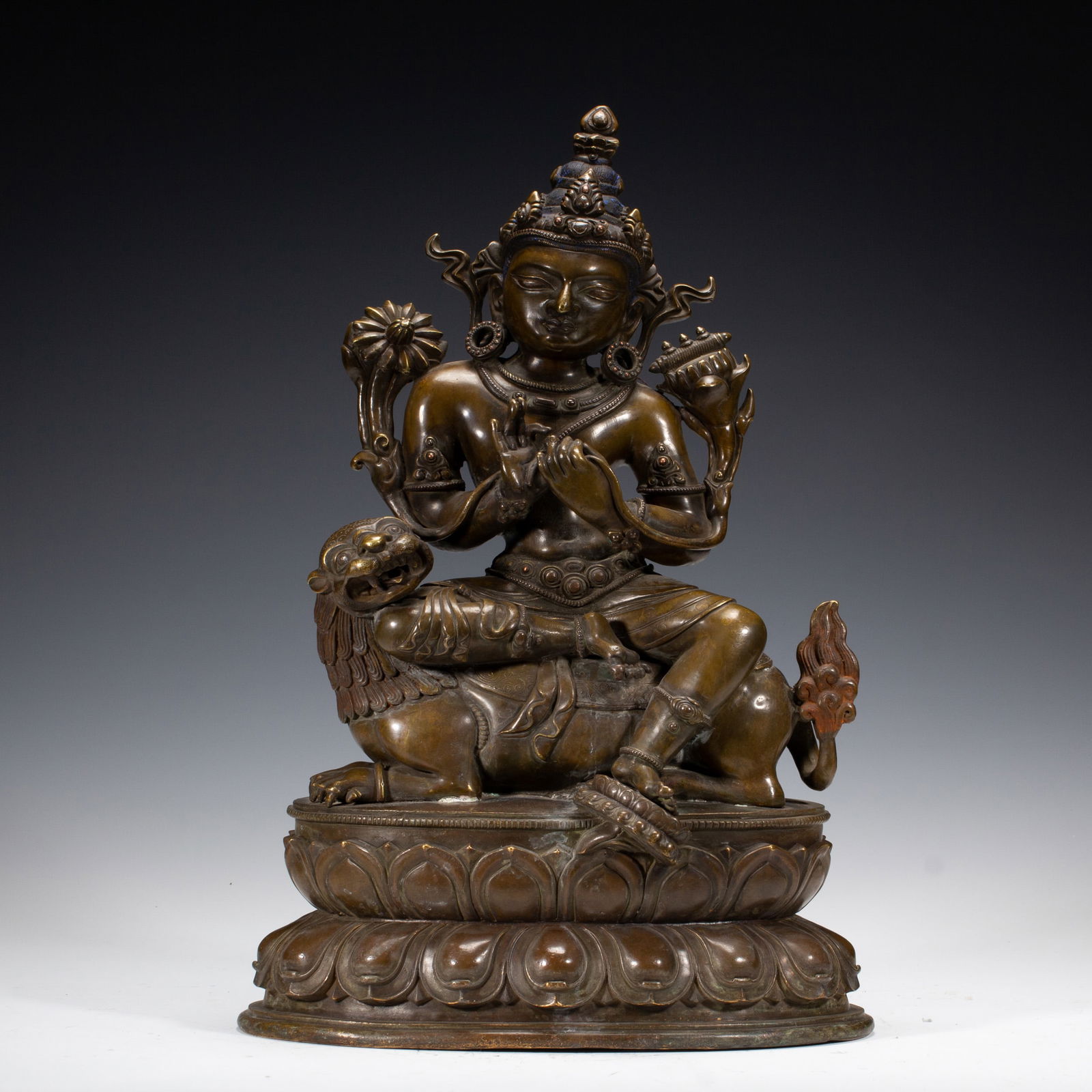 BRONZE STATUE OF MANJUSHRI RIDING A