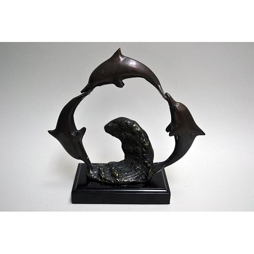 BRONZE TRIO OF DOLPHINS FIGURINE ON